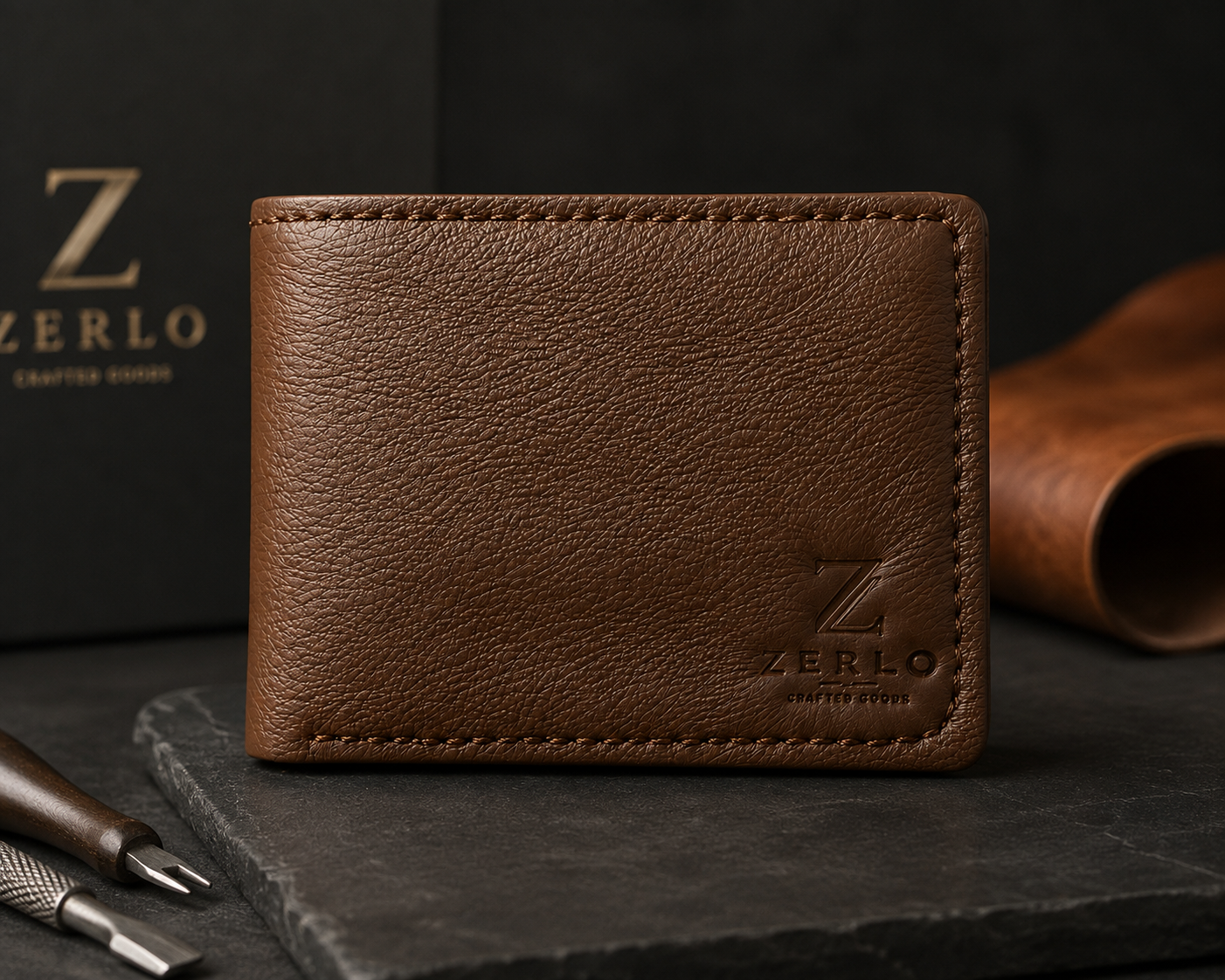 Zerlo brown leather wallet — slate surface