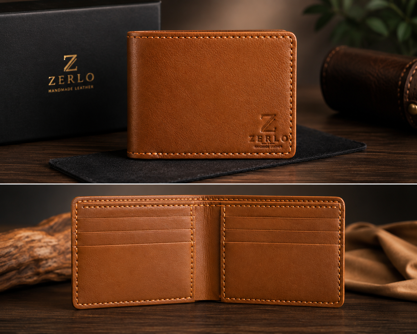 Zerlo tan leather wallet — front and interior views